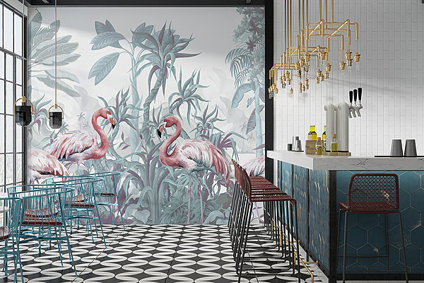 Group of flamingos in a jungle