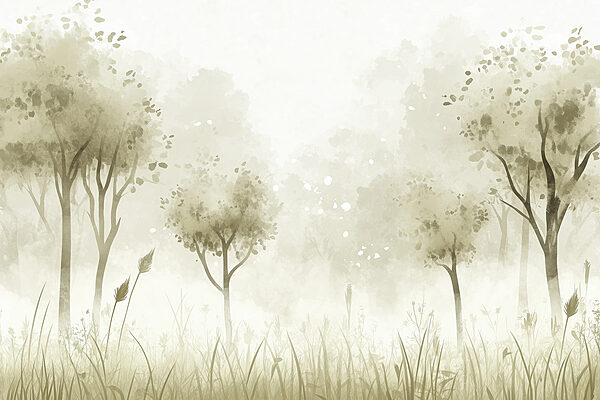 Paisaje brumoso con árboles y hierba Paisaje brumoso con árboles y hierba