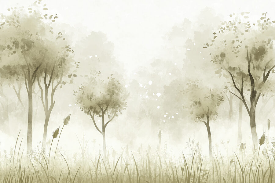 Paisaje brumoso con árboles y hierba