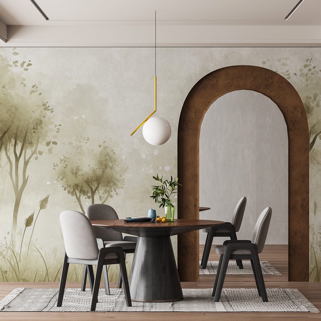 Foggy landscape with trees and grass