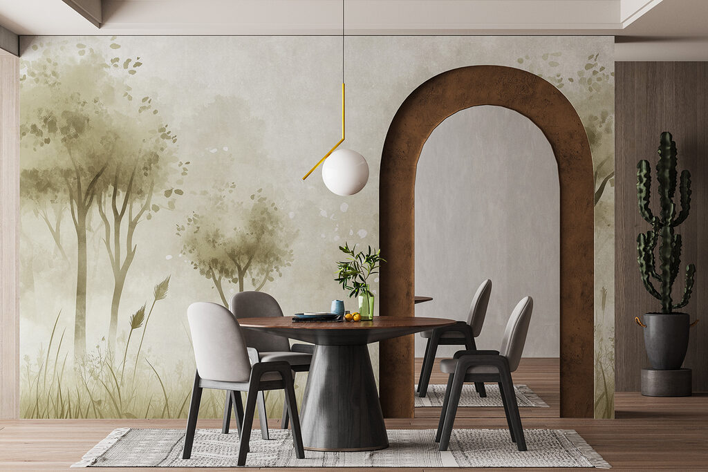 Foggy landscape with trees and grass