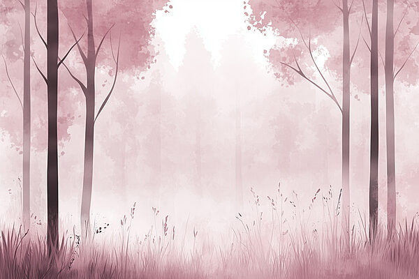 Bosque brumoso con árboles rosas Bosque brumoso con árboles rosas
