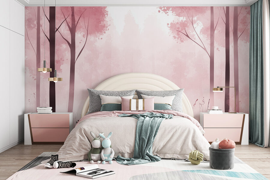 Bosque brumoso con árboles rosas