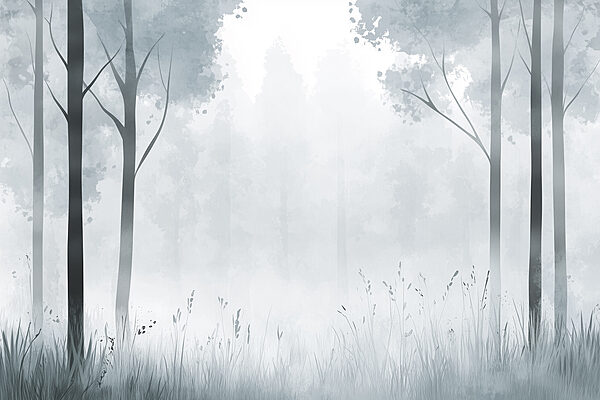 Bosque brumoso con árboles y hierba Bosque brumoso con árboles y hierba