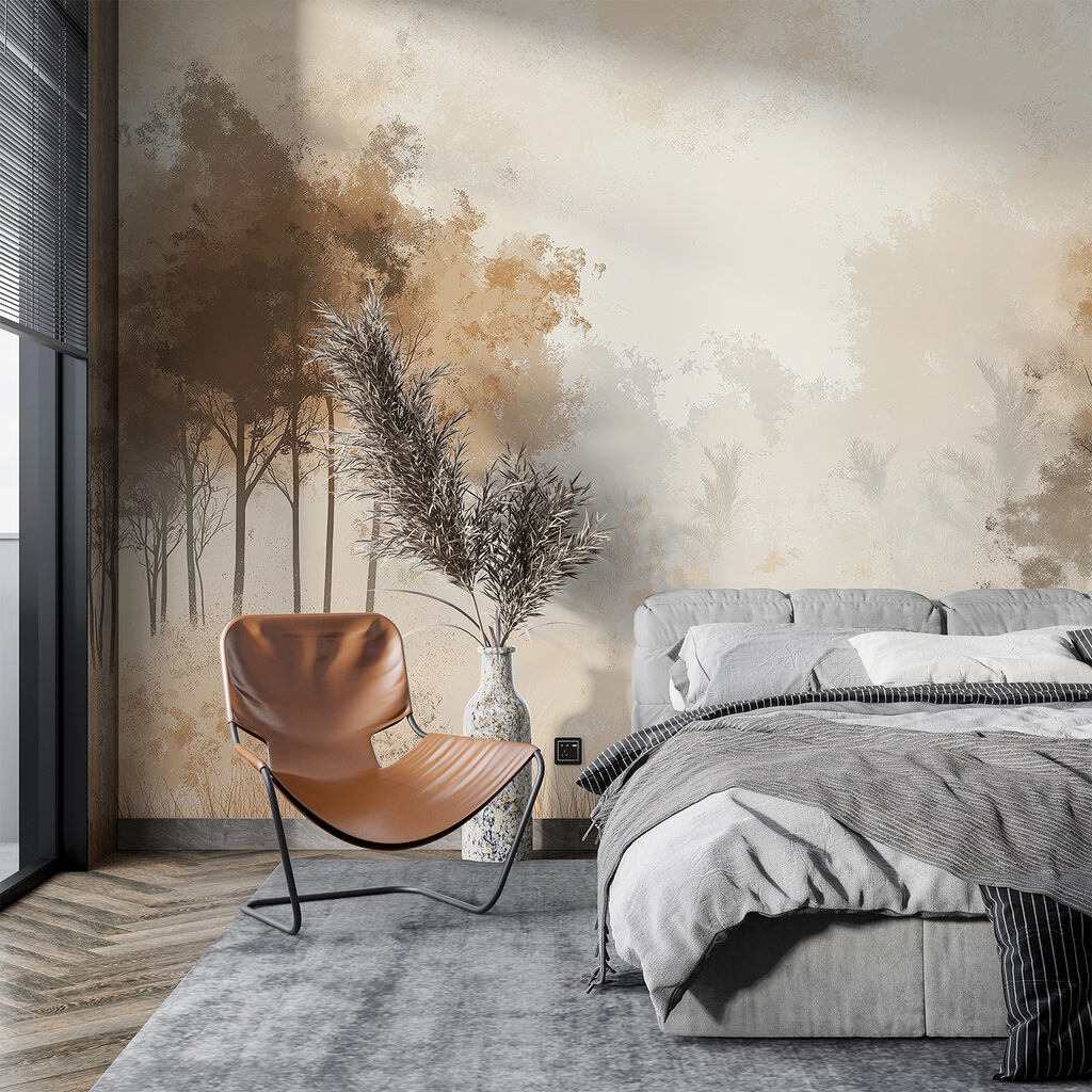 Foggy forest with trees and grass Foggy forest with trees and grass