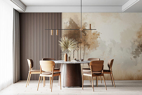 Foggy forest with trees and grass Foggy forest with trees and grass