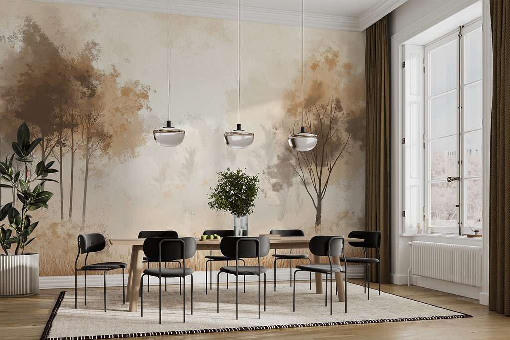 Foggy forest with trees and grass Foggy forest with trees and grass