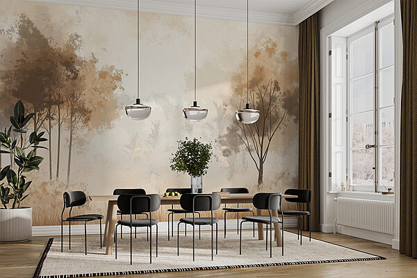 Foggy forest with trees and grass Foggy forest with trees and grass