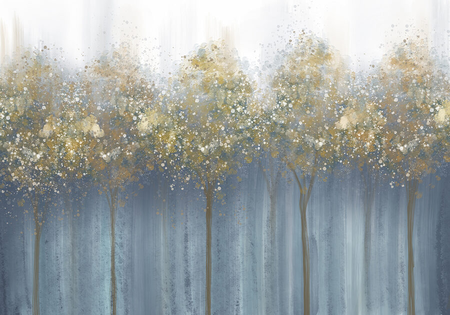 Pintura de árboles en un bosque con niebla