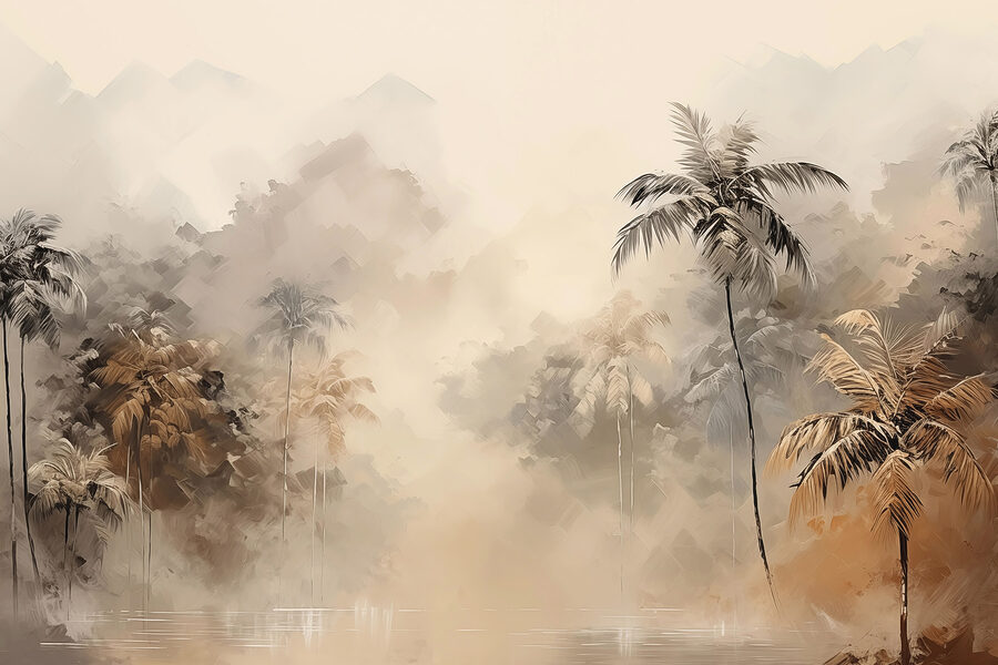 Pintura de un bosque con árboles y niebla Pintura de un bosque con árboles y niebla