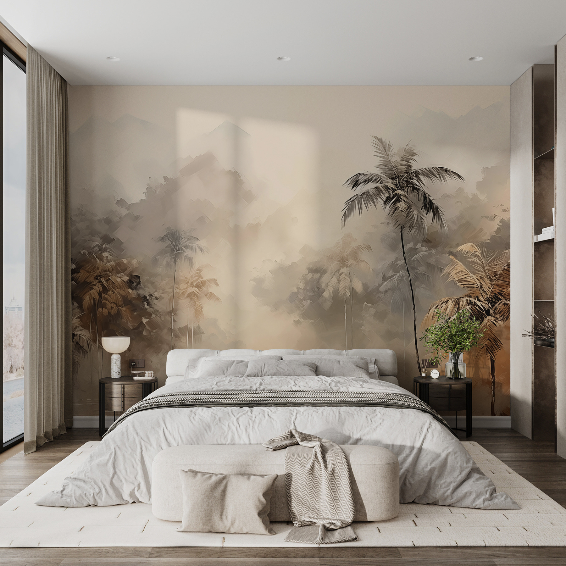 Painting of a forest with trees and fog Painting of a forest with trees and fog