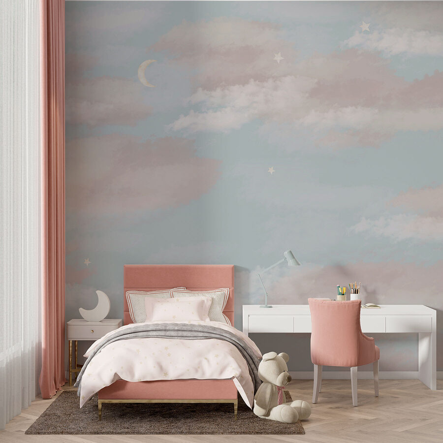 Cielo azul con nubes y luna creciente Cielo azul con nubes y luna creciente