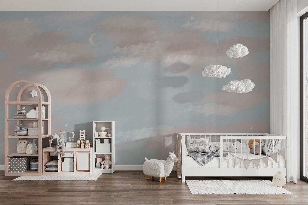 Blue sky with clouds and a crescent moon