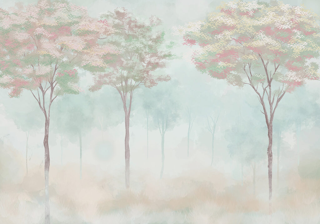 Grupo de árboles en un bosque con niebla Grupo de árboles en un bosque con niebla