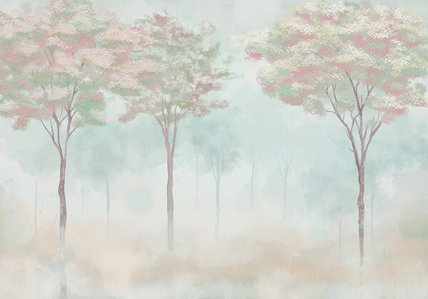 Grupo de árboles en un bosque con niebla Grupo de árboles en un bosque con niebla