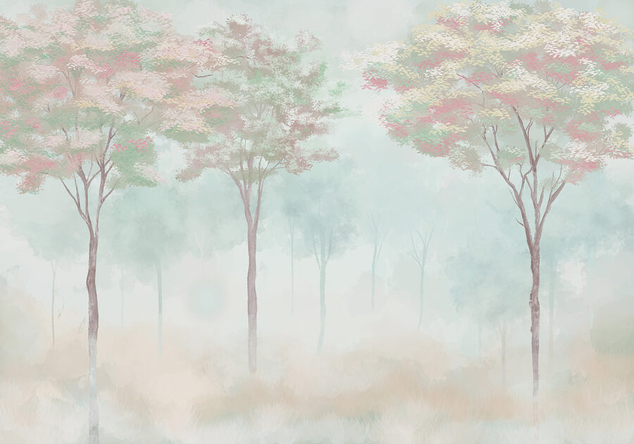 Grupo de árboles en un bosque con niebla