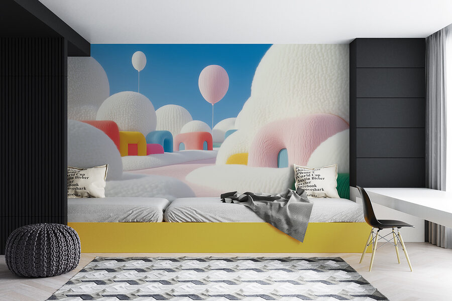 Paisaje con globos y edificios Paisaje con globos y edificios