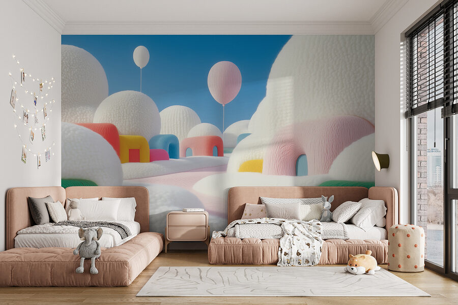Paisaje con globos y edificios Paisaje con globos y edificios