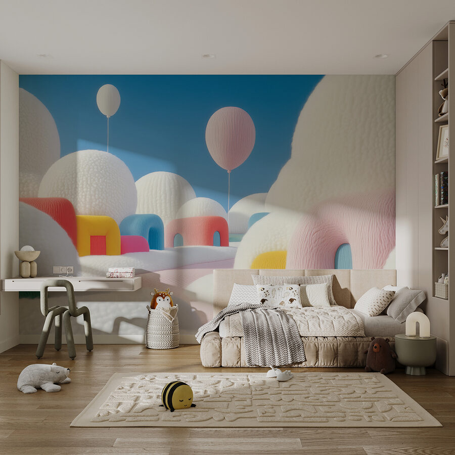 Paisaje con globos y edificios Paisaje con globos y edificios