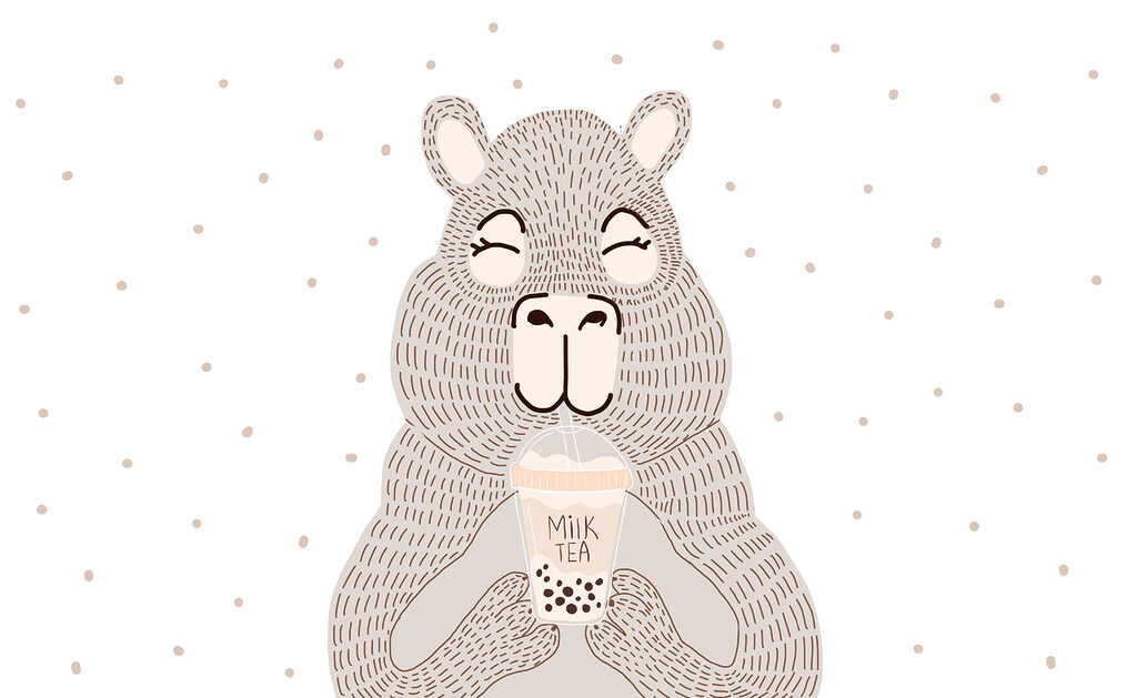 Dibujo animado de un oso con un té de burbujas en la mano Dibujo animado de un oso con un té de burbujas en la mano