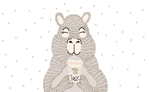Dibujo animado de un oso con un té de burbujas en la mano Dibujo animado de un oso con un té de burbujas en la mano