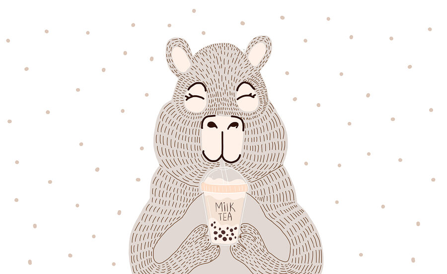 Dibujo animado de un oso con un té de burbujas en la mano
