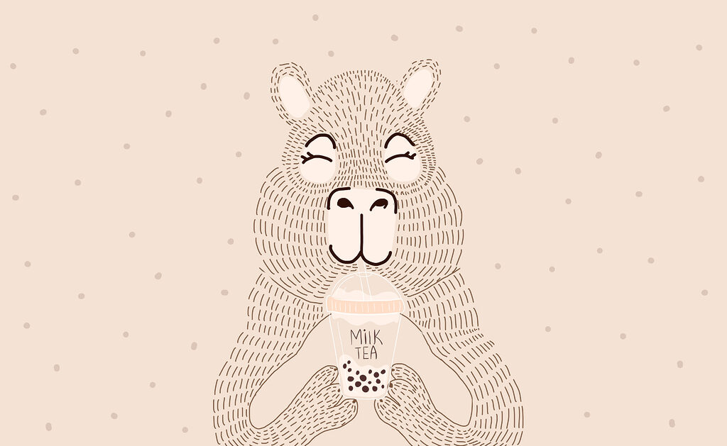 Cartoon of a bear holding a bubble tea