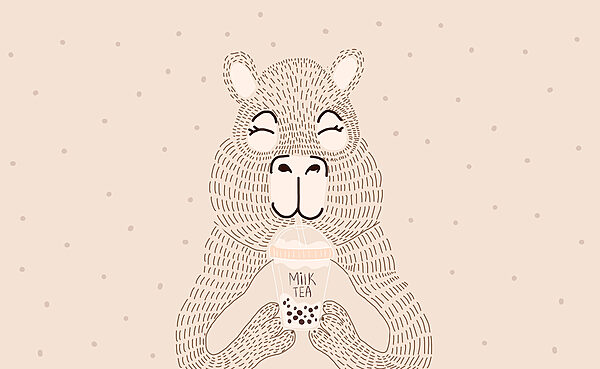 Cartoon of a bear holding a bubble tea