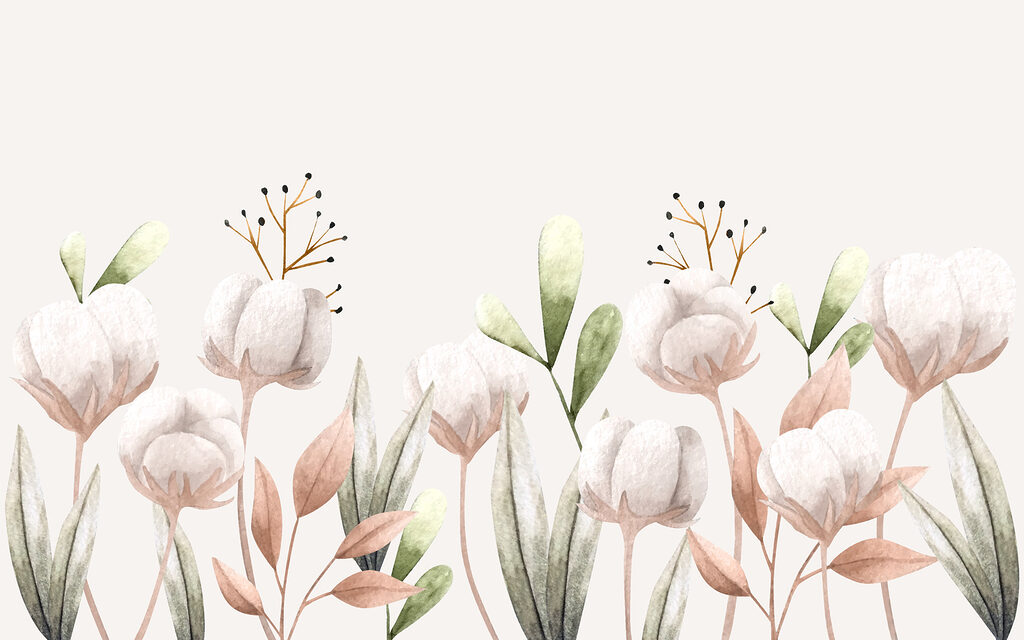 Flores y hojas de algodón de acuarela Flores y hojas de algodón de acuarela