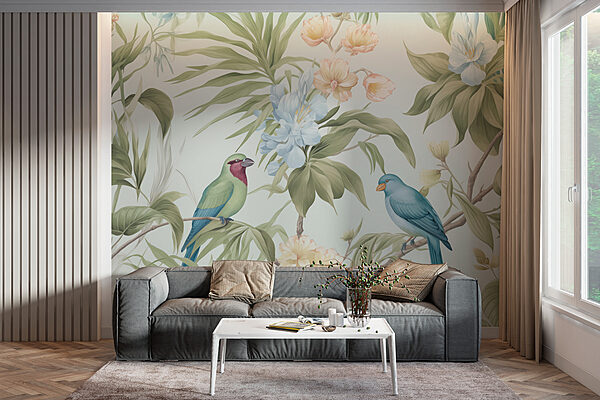 Papel pintado con pájaros y flores Papel pintado con pájaros y flores