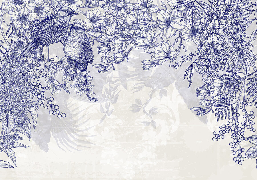 Dibujo azul y blanco de pájaros y flores