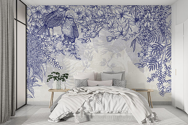 Dibujo azul y blanco de pájaros y flores Dibujo azul y blanco de pájaros y flores