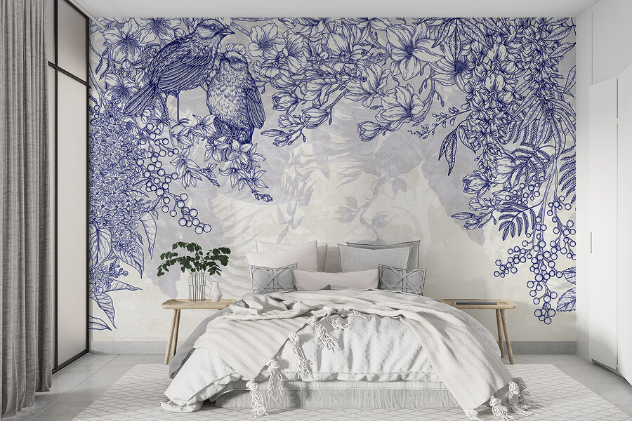 Dibujo azul y blanco de pájaros y flores