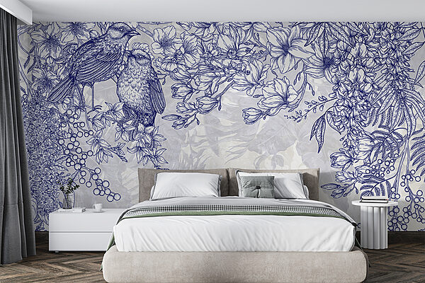 Dibujo azul y blanco de pájaros y flores Dibujo azul y blanco de pájaros y flores