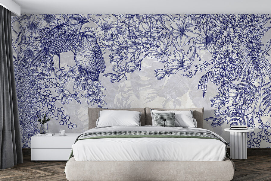 Dibujo azul y blanco de pájaros y flores