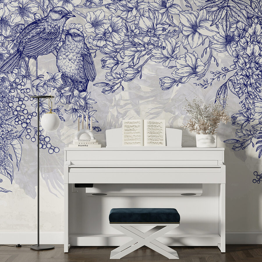 Dibujo azul y blanco de pájaros y flores