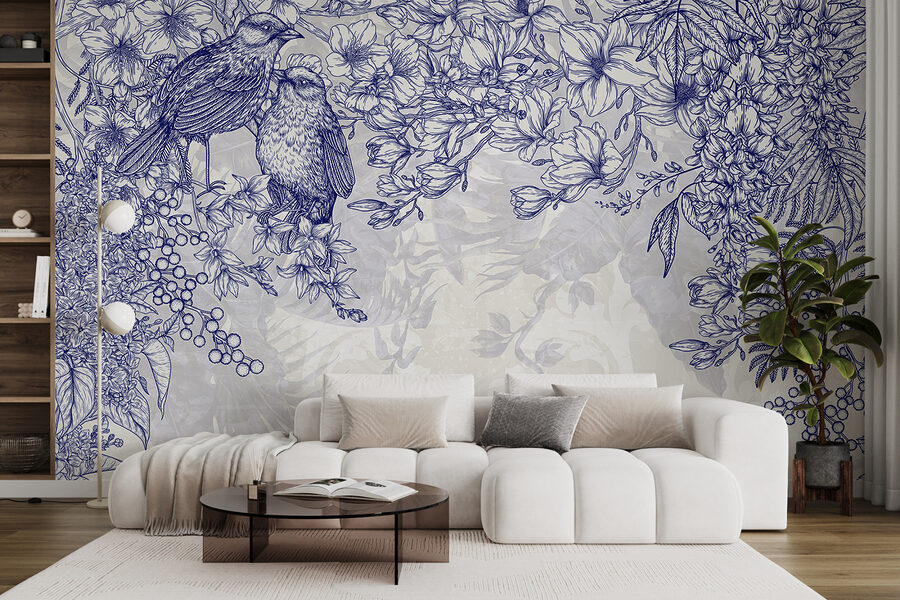 Dibujo azul y blanco de pájaros y flores