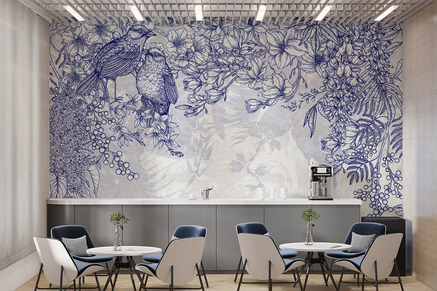 Dibujo azul y blanco de pájaros y flores