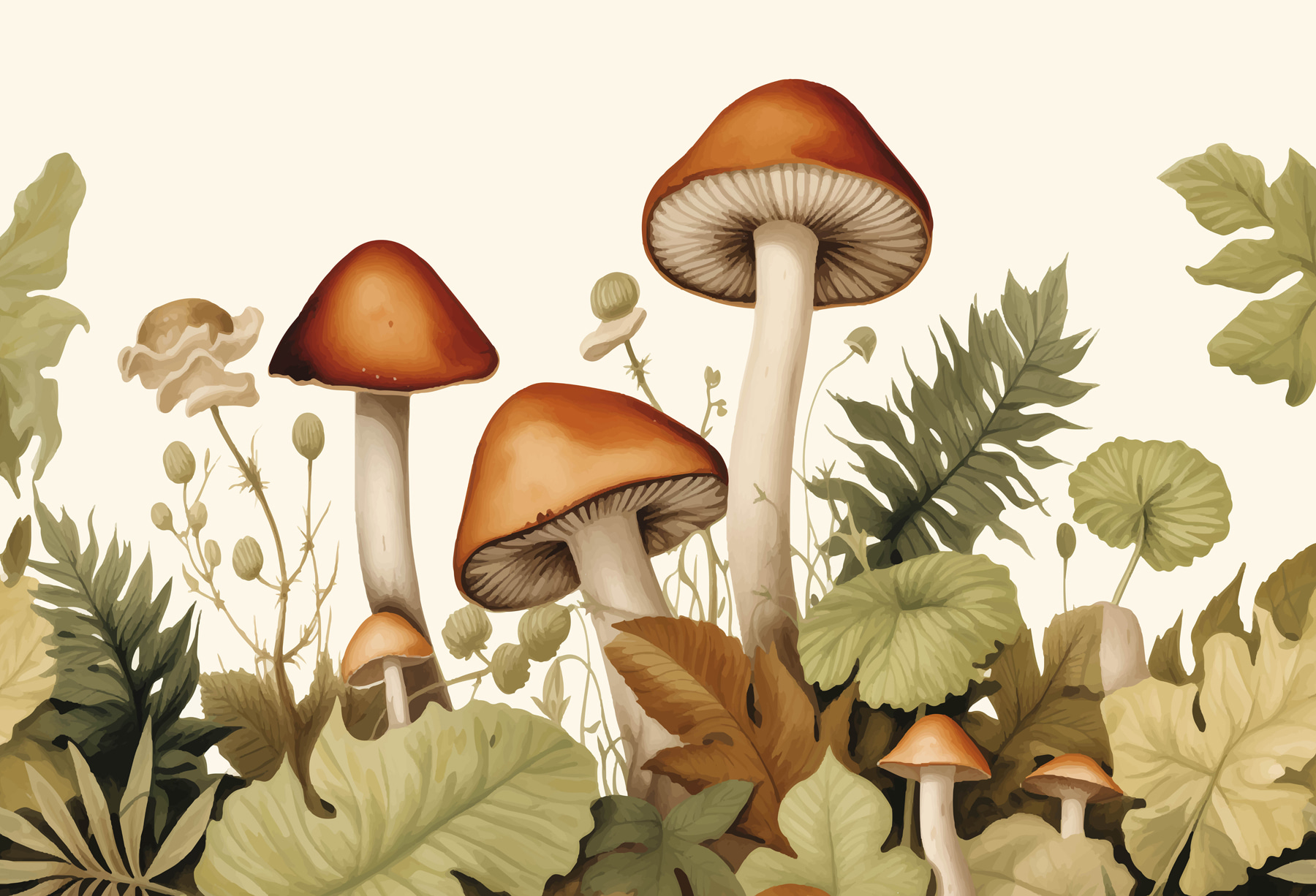 Group of mushrooms with leaves