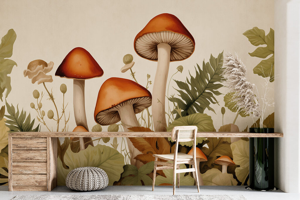 Group of mushrooms with leaves