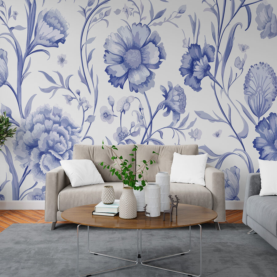 Motivo floral azul y blanco
