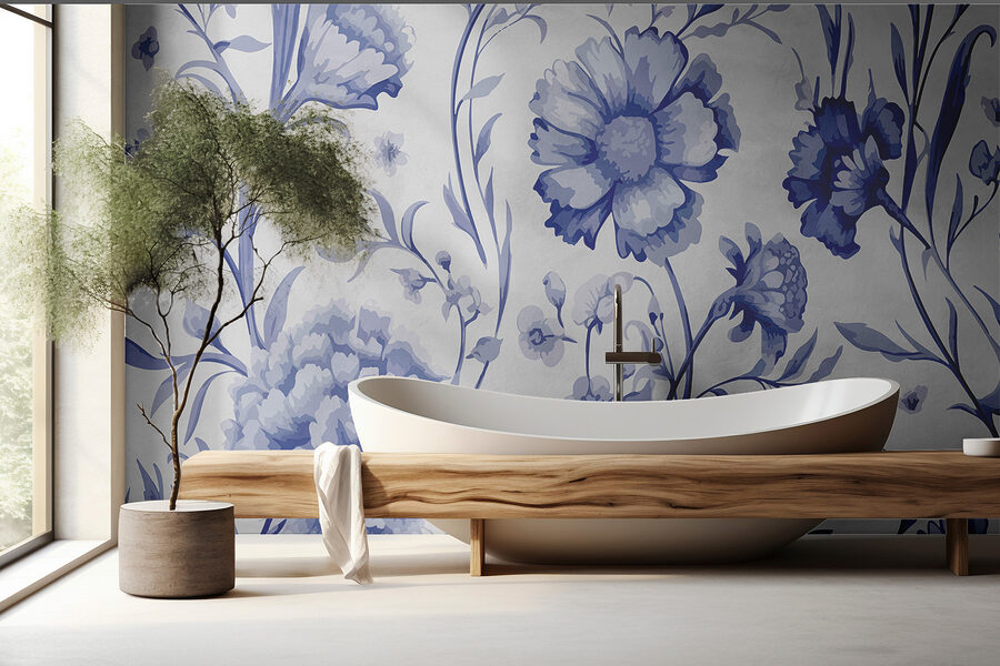 Motivo floral azul y blanco