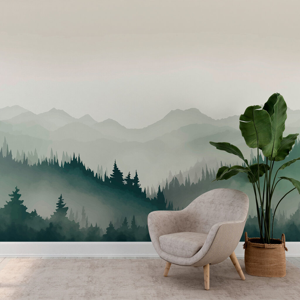Foggy mountain landscape with trees and mountains