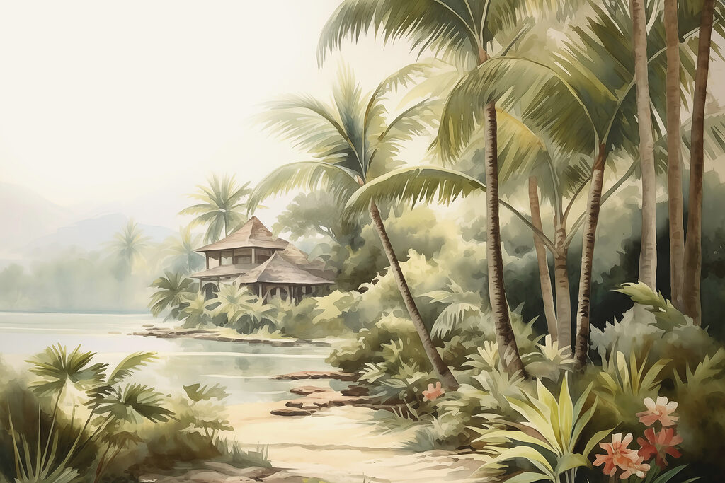 Pintura en acuarela de una casa y palmeras Pintura en acuarela de una casa y palmeras
