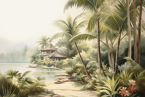 Pintura en acuarela de una casa y palmeras Pintura en acuarela de una casa y palmeras