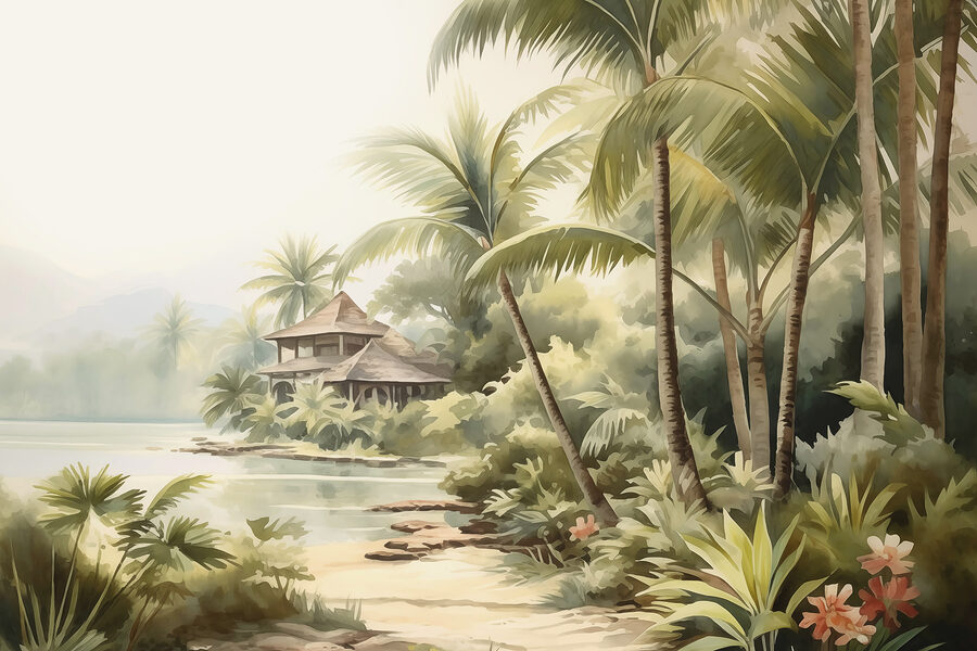 Pintura en acuarela de una casa y palmeras Pintura en acuarela de una casa y palmeras
