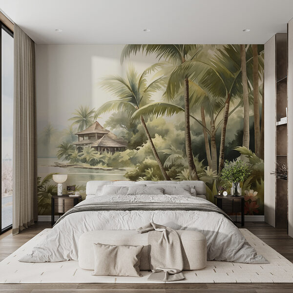 Pintura en acuarela de una casa y palmeras Pintura en acuarela de una casa y palmeras