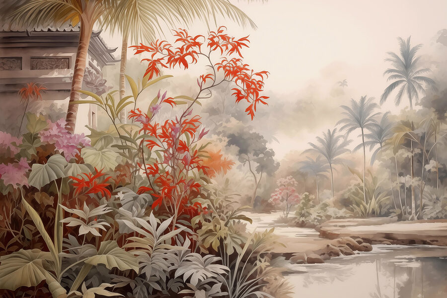 Pintura de un río y árboles