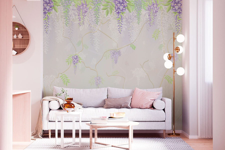 Papel pintado con flores moradas