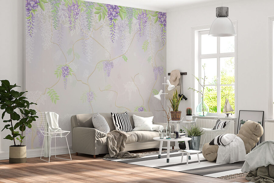 Papel pintado con flores moradas